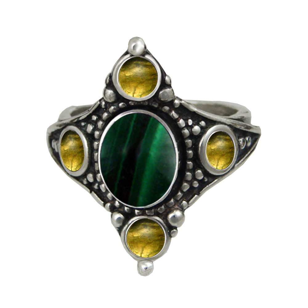 Sterling Silver Renaissance Queen's Ring With Malachite And Citrine Size 10